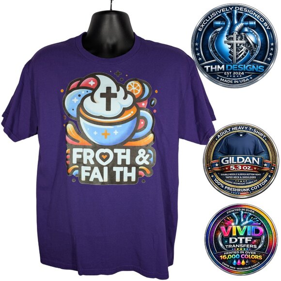 NWT Gildan G500 Purple Froth & Faith Christian Coffee Graphic T-Shirt Adult L
